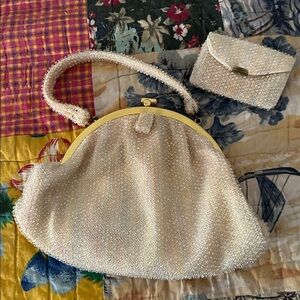 Beaded Cream Evening Wristlet with Gold Frame and change holder